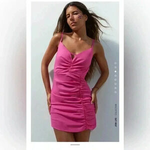 NWT ZARA DRAPED BEADED LINEN BLEND DRESS BLOGGERS FAV Barbie Pink  S